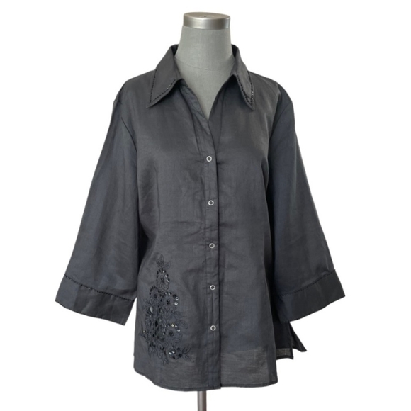 Women’s Shirt LINO USA Black Blouse 3/4 Sleeve Shirt Beads Embroidered Linen Top - Picture 2 of 8